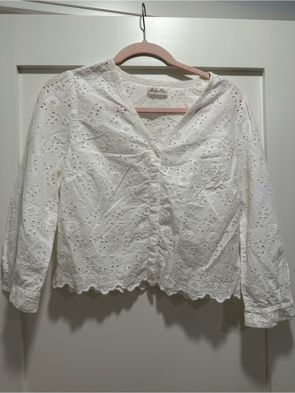 LoveShackFancy White Eyelet V-Neck Button Blouse